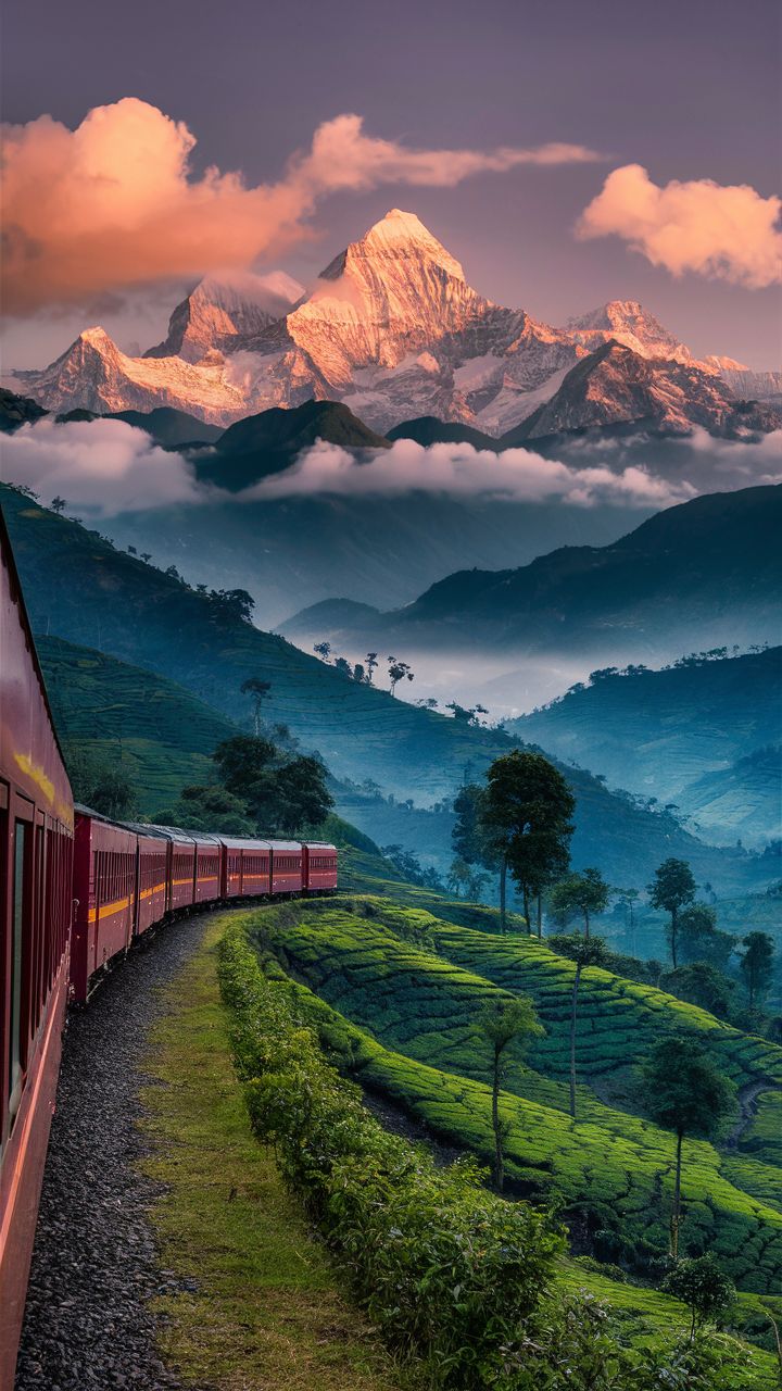 create a realistic image capturing the stunning himalayan views as seen from a train ascending from